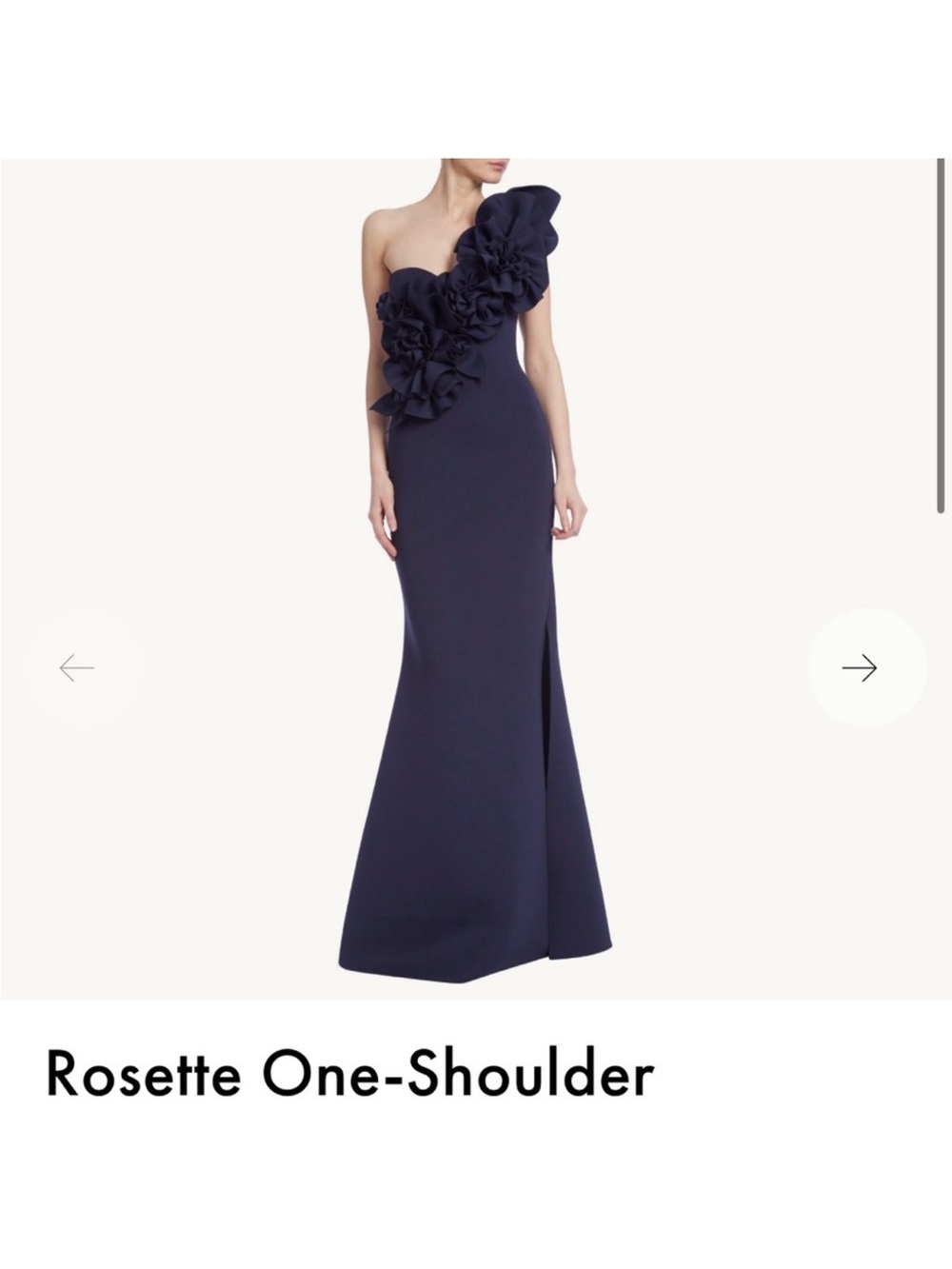 Badgley Mischka Navy One-Shoulder Rosette Gown